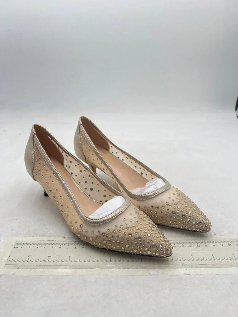 XYD Champagne Closed Toe Slip On Graceful Mesh Pumps Rhinestone Studs Shoes